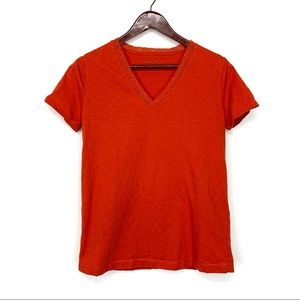 Eddie Bauer Solid Fall Orange Lace Trim V-Neck Textured Short Sleeve Tee
